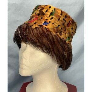 Vintage Womens 6 3/4 to 7 1/8" Cloche Pheasant Feather Hat 1950s-60s Mid Century